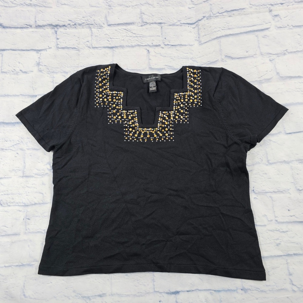 Cable & Gauge Knit Top Women XL Black Studded Silk Blend Notched Neck Short Slev